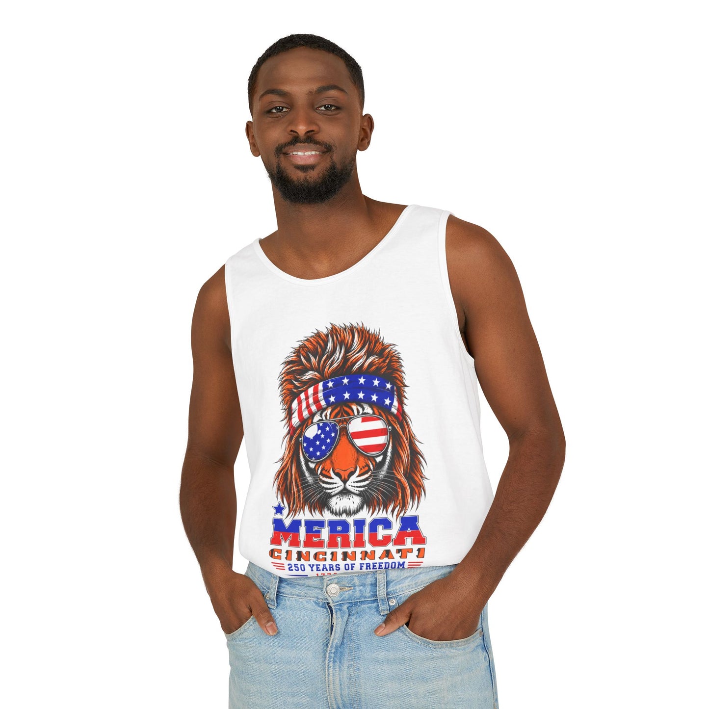 Patriotic Bengals Tiger Tank Top — "’Merica Cincinnati 250 Years of Freedom" USA Graphic