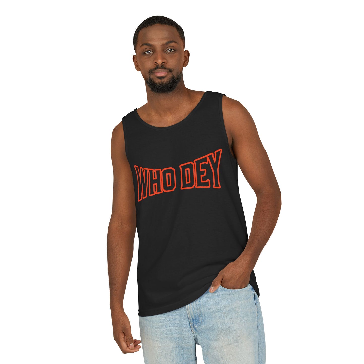 'WHO DEY' Garment-Dyed Tank Top with  Design, Perfect for Game Days, Casual Wear, Summer Outfits, Sports Events, Gift for Fans