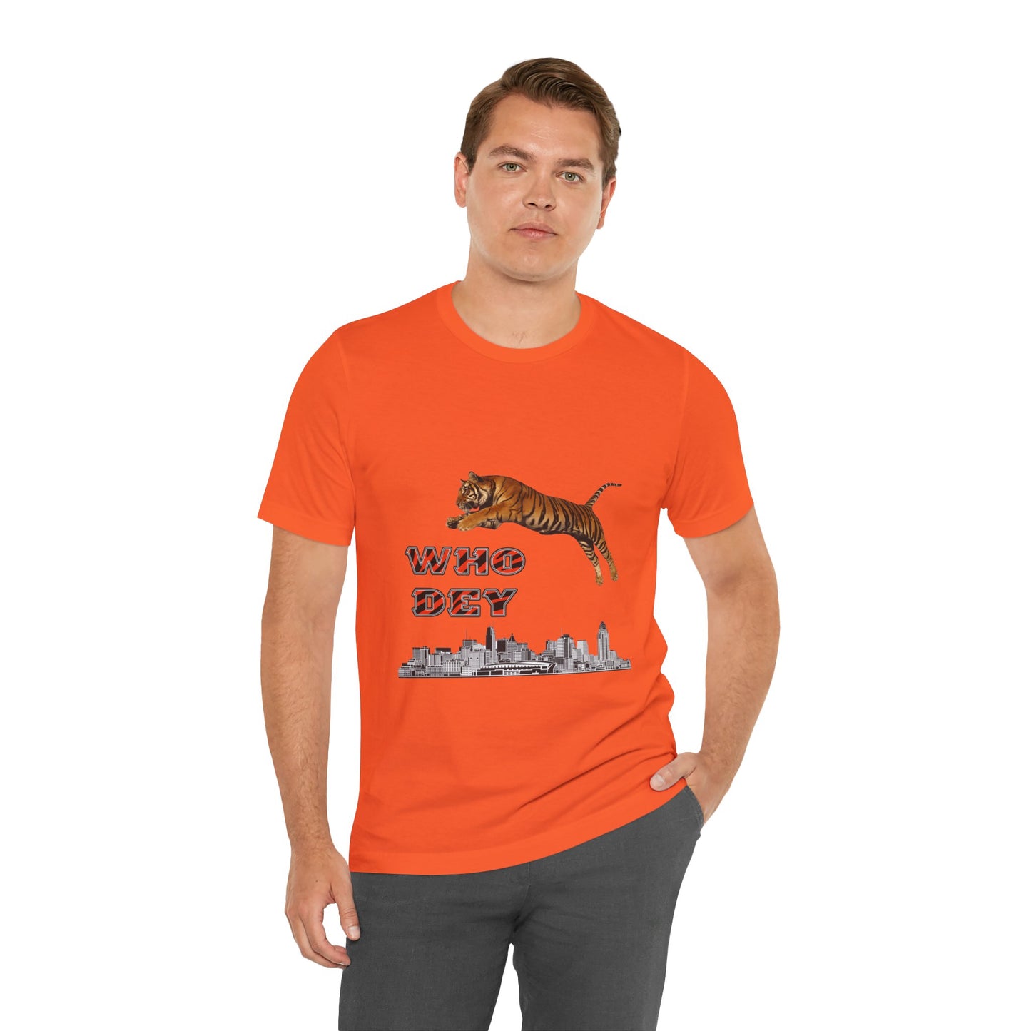 Leaping tiger over city Unisex Jersey Short Sleeve Tee