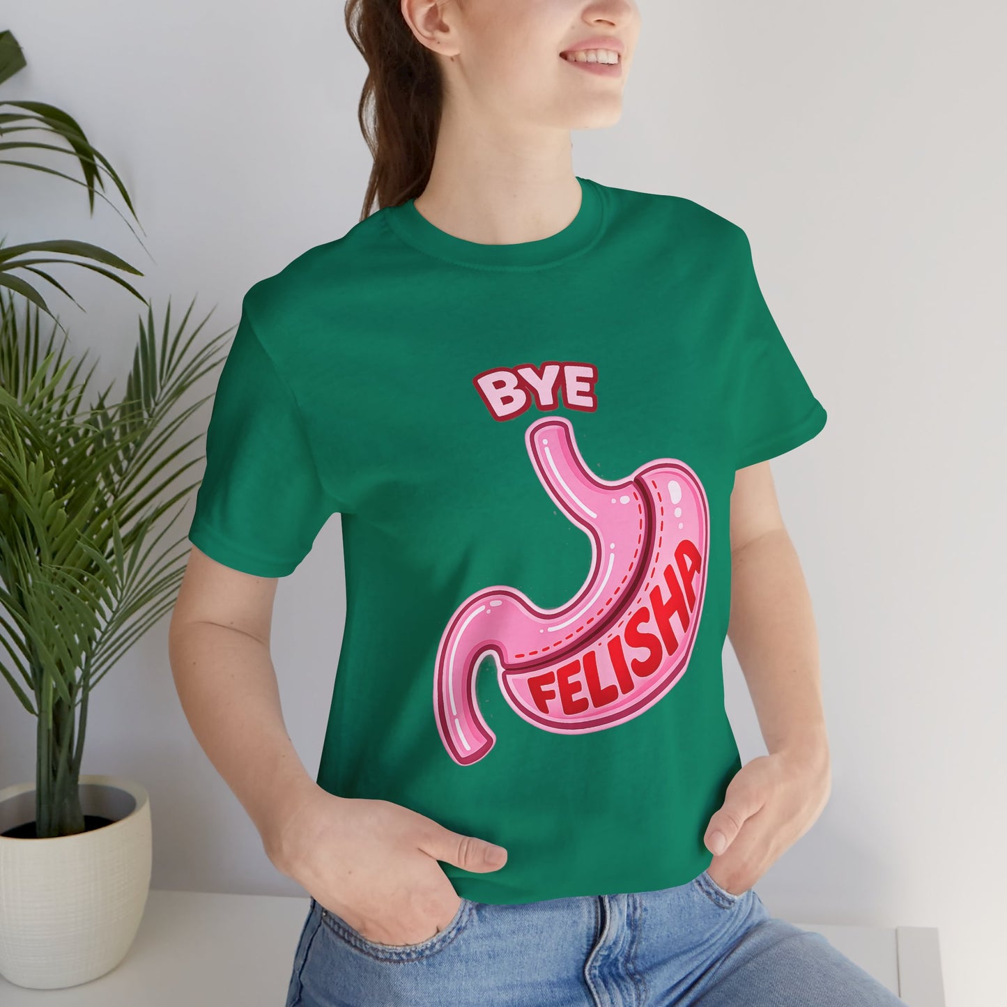 Bye Felisha Gastric Sleeve Stomach Graphic Tee — Funny Pink Cartoon Stomach T-Shirt