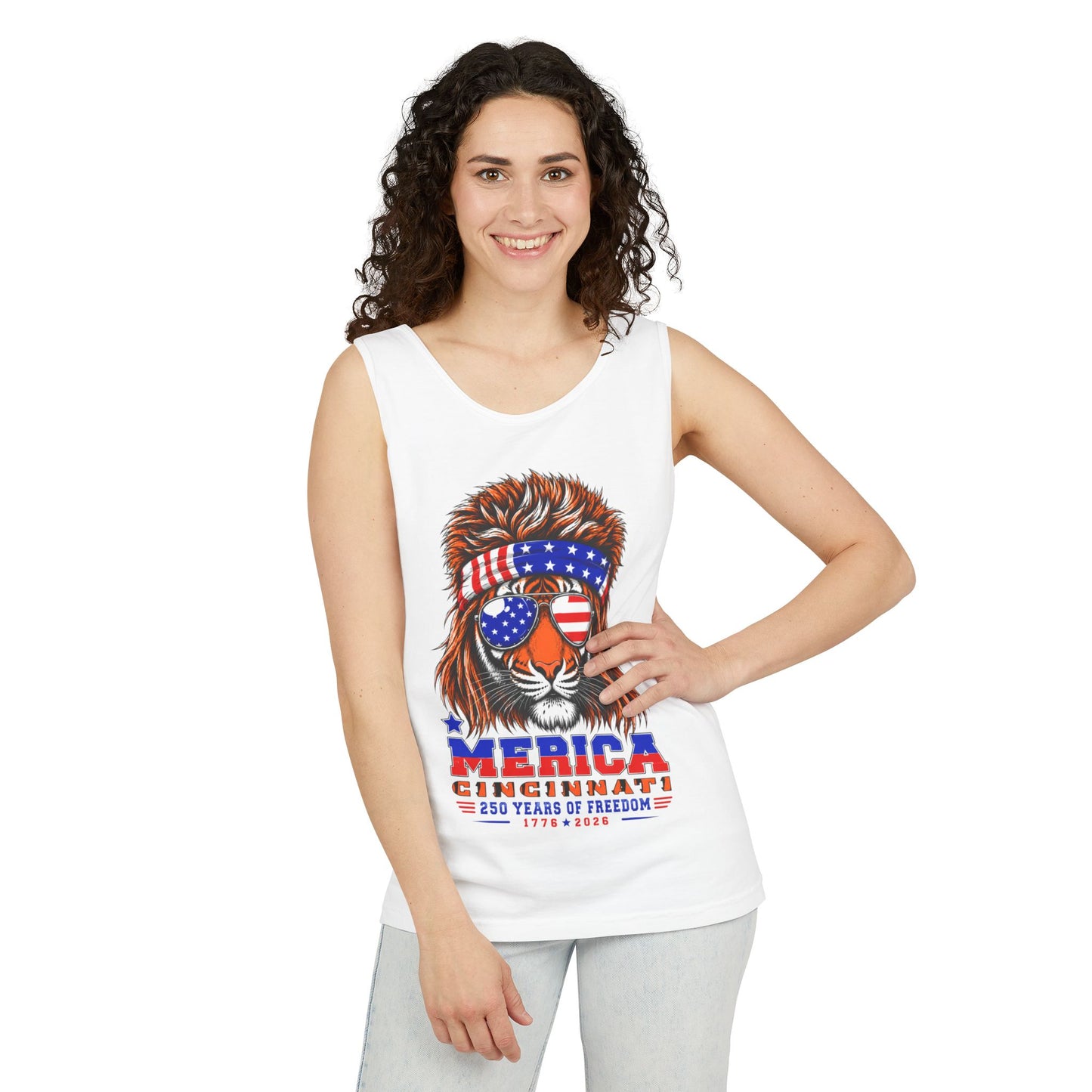 Patriotic Bengals Tiger Tank Top — "’Merica Cincinnati 250 Years of Freedom" USA Graphic