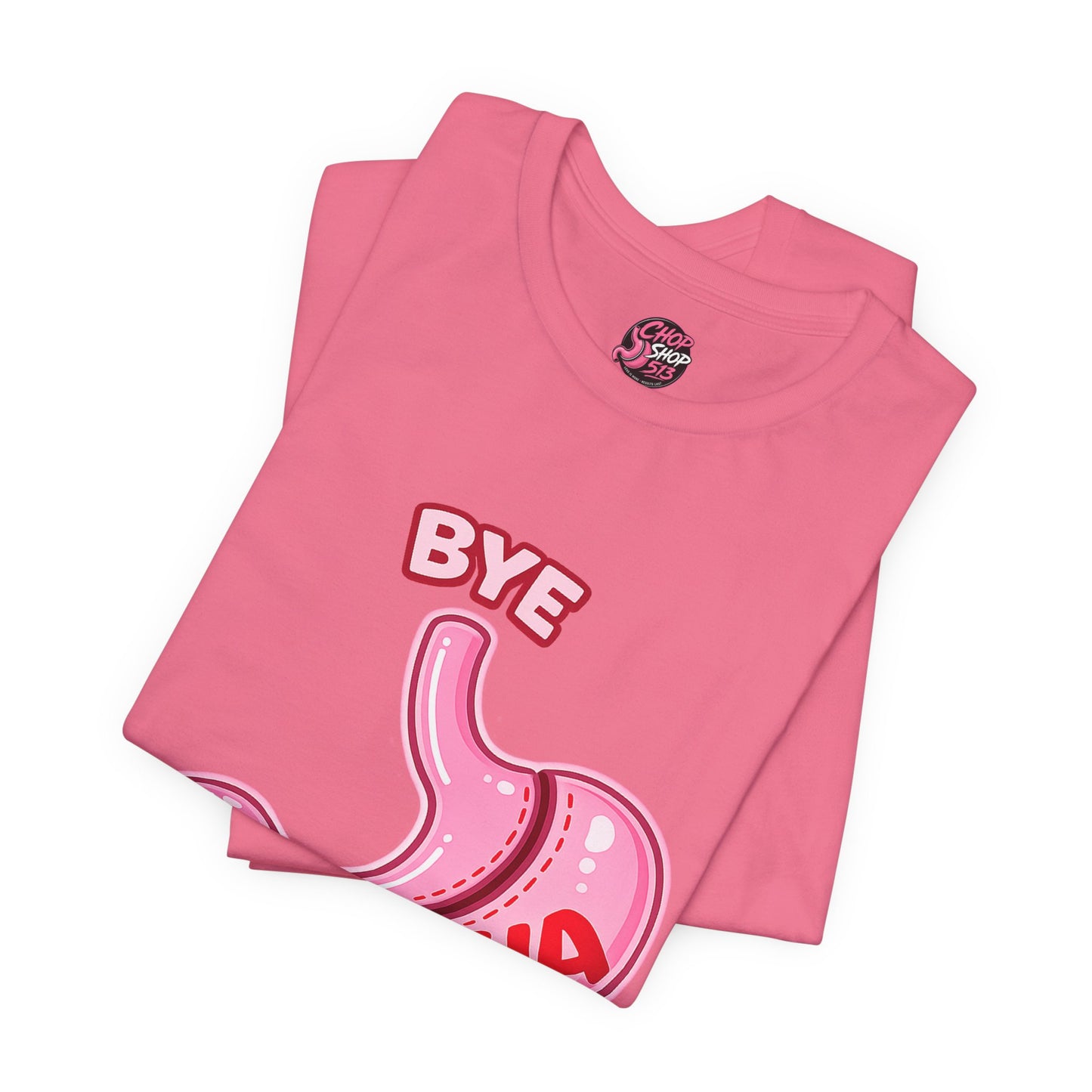 Bye Felisha Gastric Sleeve Stomach Graphic Tee — Funny Pink Cartoon Stomach T-Shirt