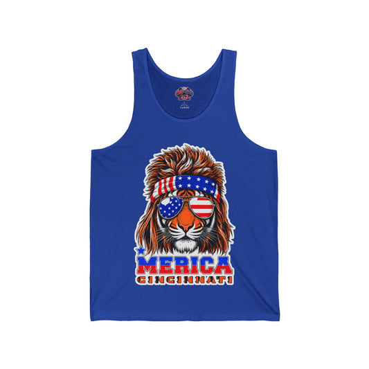 Patriotic Tiger Tank Top — “MERICA CINCINNATI” USA Flag Sunglasses