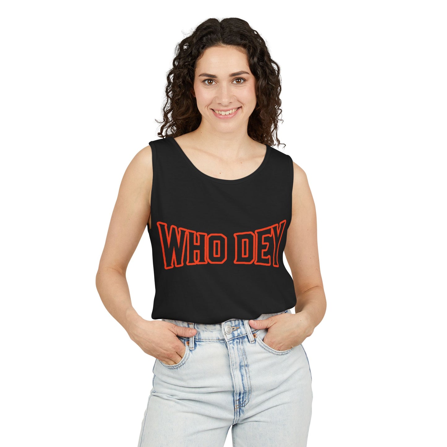 'WHO DEY' Garment-Dyed Tank Top with  Design, Perfect for Game Days, Casual Wear, Summer Outfits, Sports Events, Gift for Fans
