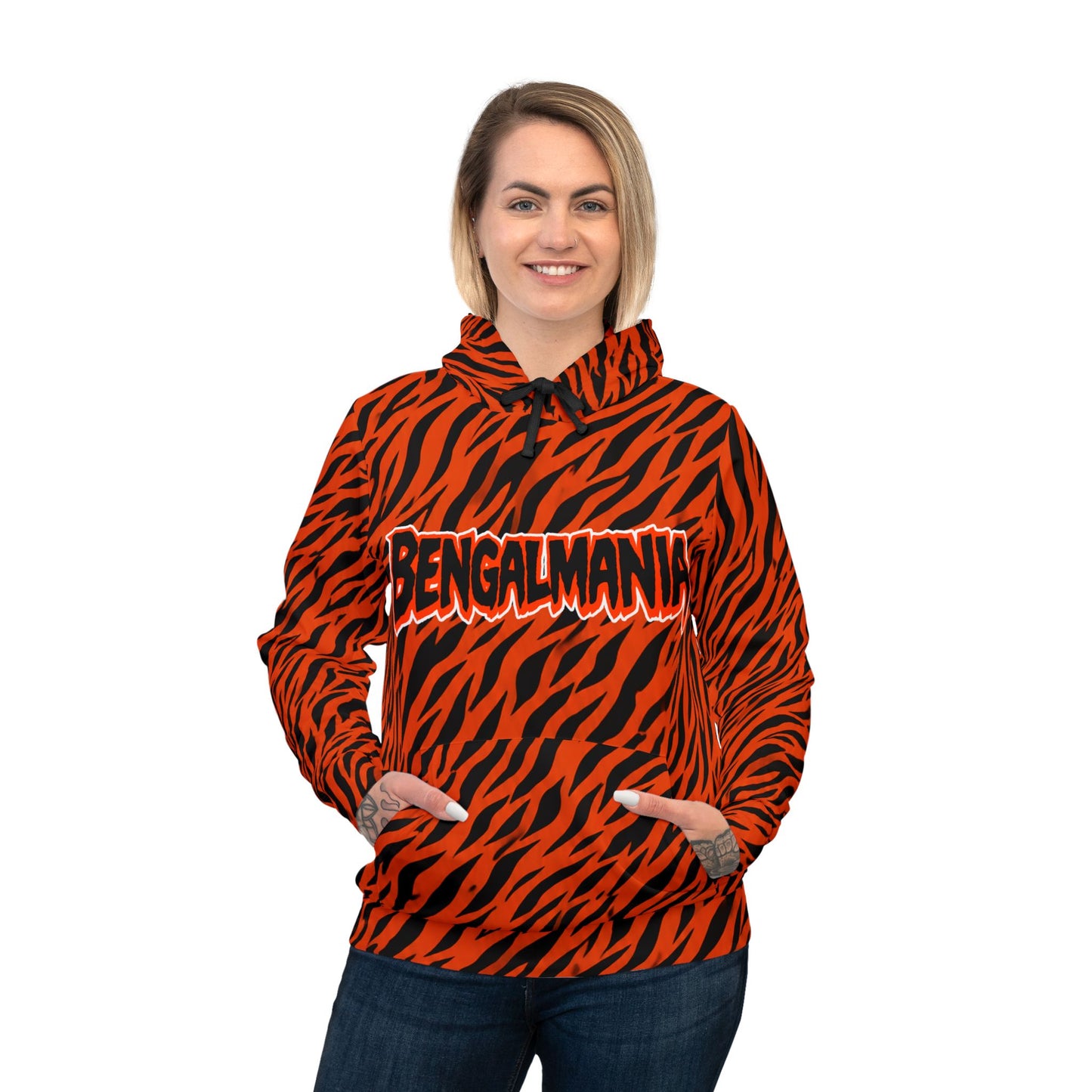 Bengal Mania Athletic Hoodie — Orange Tiger Stripe All-Over Print