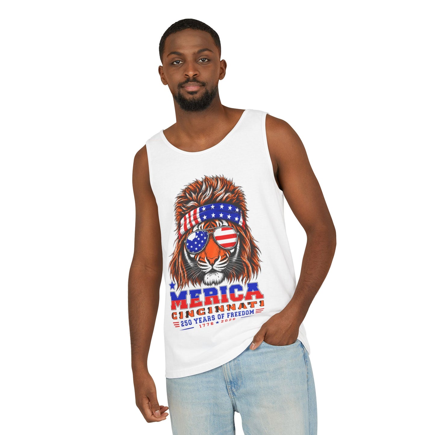 Patriotic Bengals Tiger Tank Top — "’Merica Cincinnati 250 Years of Freedom" USA Graphic