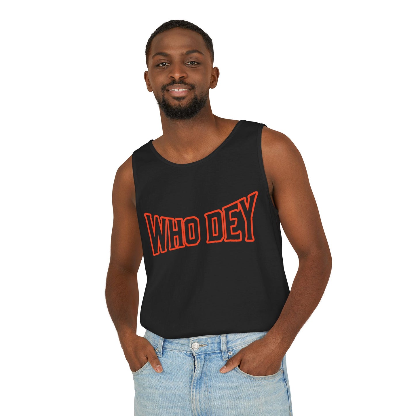 'WHO DEY' Garment-Dyed Tank Top with  Design, Perfect for Game Days, Casual Wear, Summer Outfits, Sports Events, Gift for Fans