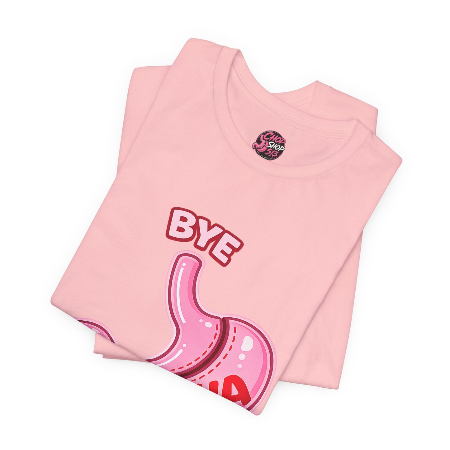 Bye Felisha Gastric Sleeve Stomach Graphic Tee — Funny Pink Cartoon Stomach T-Shirt