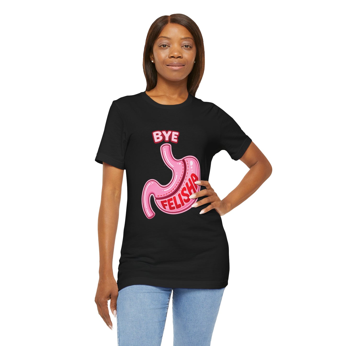 Bye Felisha Gastric Sleeve Stomach Graphic Tee — Funny Pink Cartoon Stomach T-Shirt