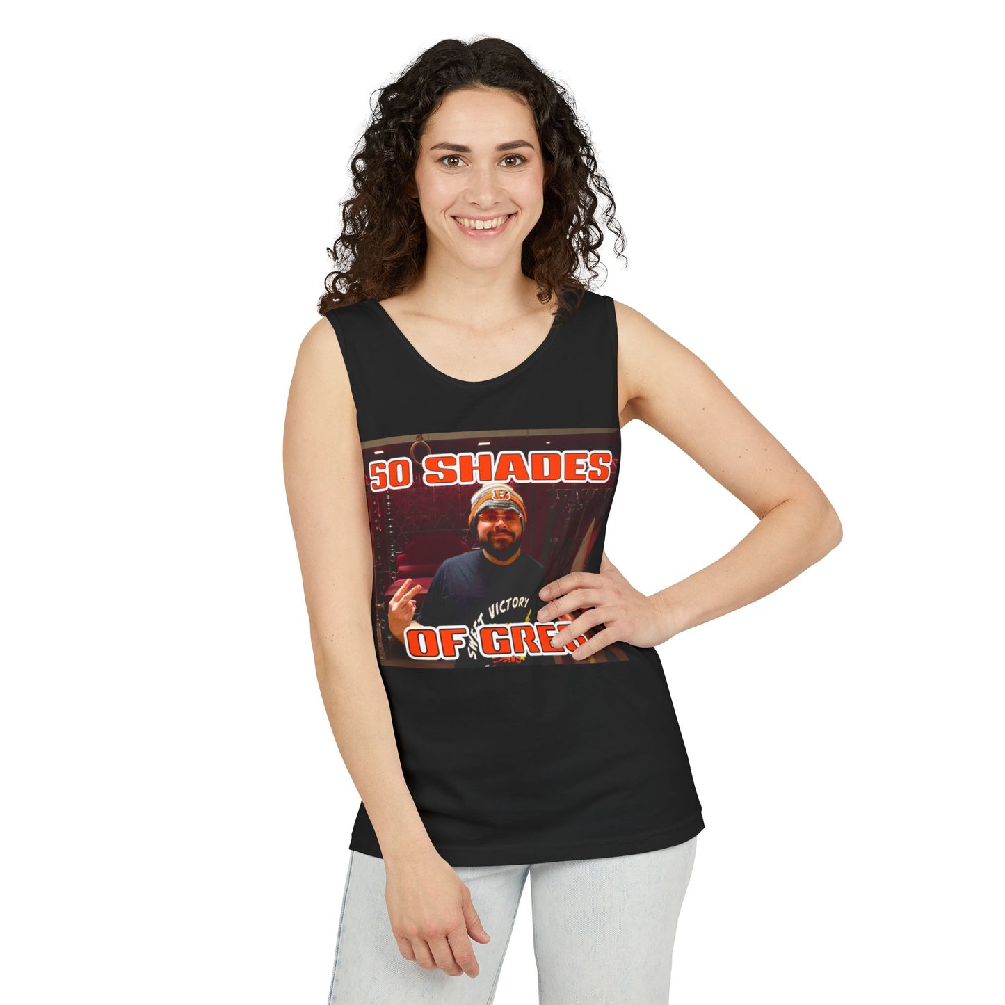 50 Shades of Greg - Unisex Garment-Dyed Tank Top, Funny Graphic Tee, Gift for Him, Summer Wear, Casual Layering, Unique Humor Apparel