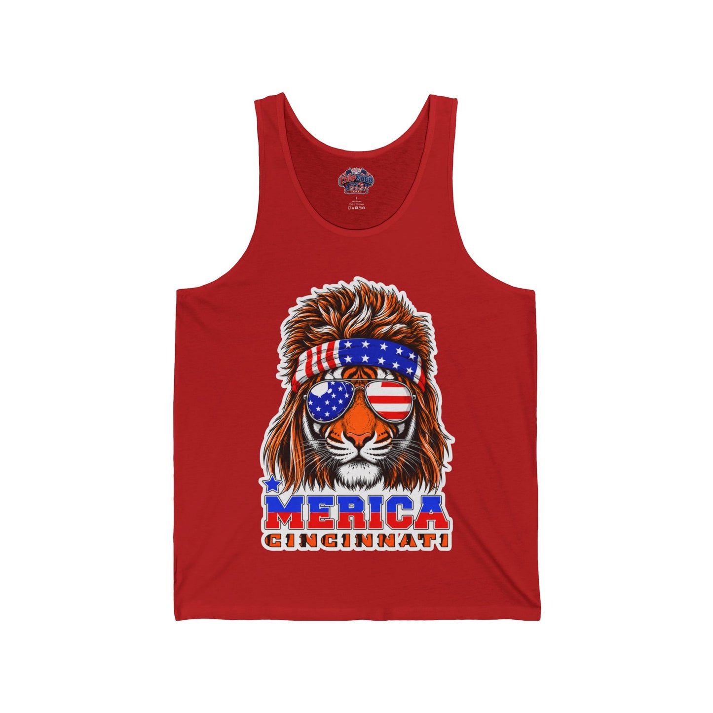 Patriotic Tiger Tank Top — “MERICA CINCINNATI” USA Flag Sunglasses